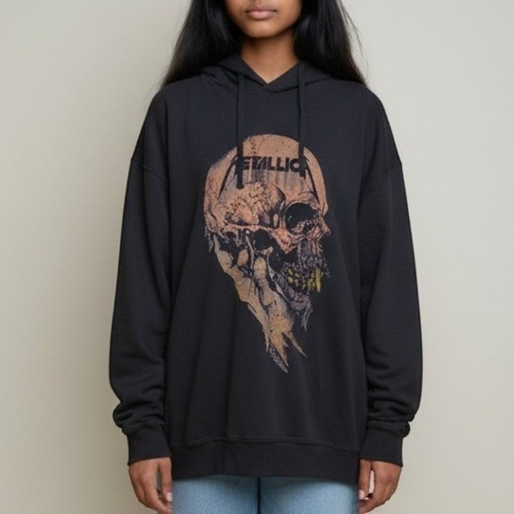 Metallica Black Rock Band Skull Graphic Hoodie Pushead Cotton Size Large H&M